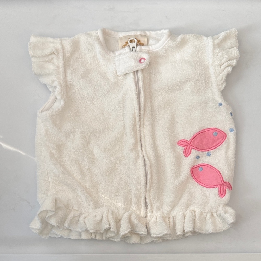 TBBC White Terry Cloth Coverup with Pink Fish Appliqué